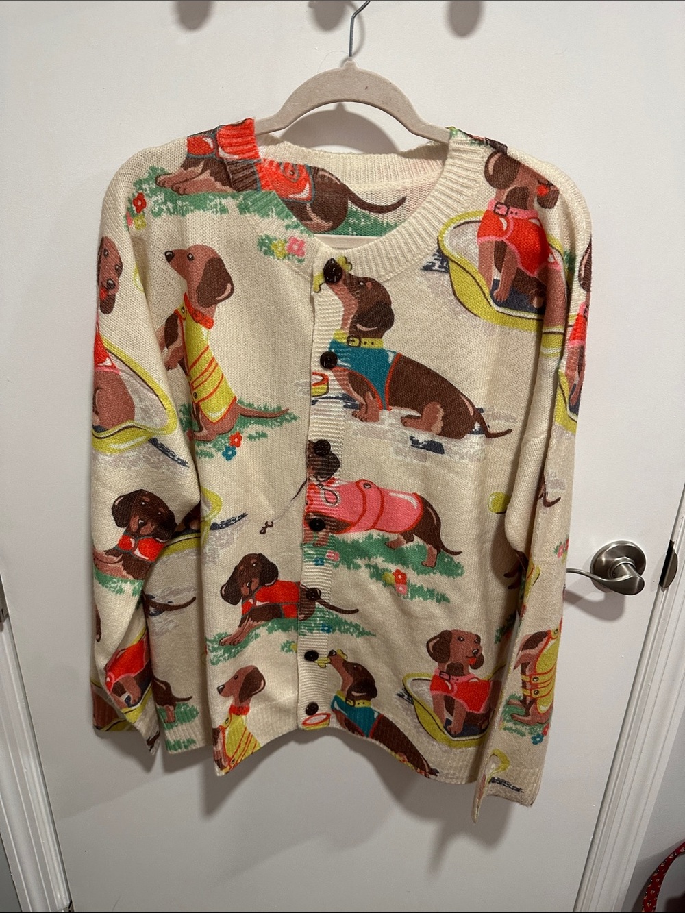 Cream Dachshund-Print Button Cardigan Sweater